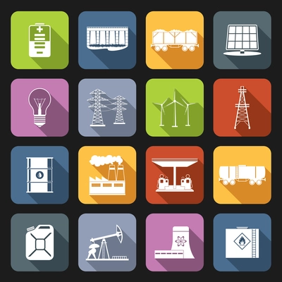 Energy and industrial icons flat set with power line wind mill oil barrel isolated vector illustration