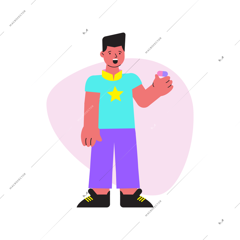 Pharmacy colorful icon with man holding capsule vector illustration