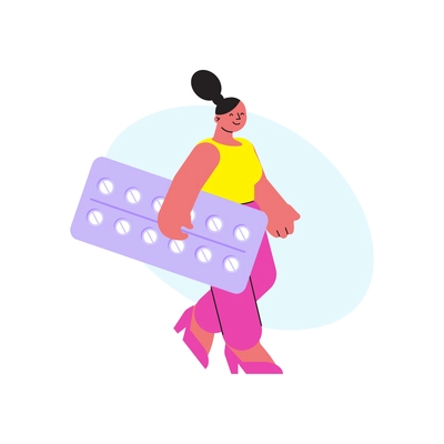 Drugstore flat icon with woman carrying blister with pills vector illustration