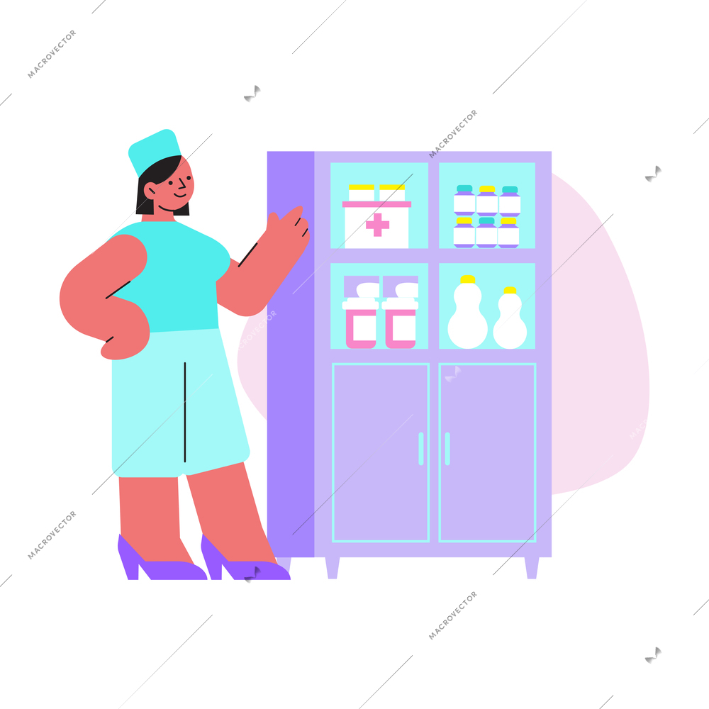 Smiling pharmacist at drugstore flat vector illustration