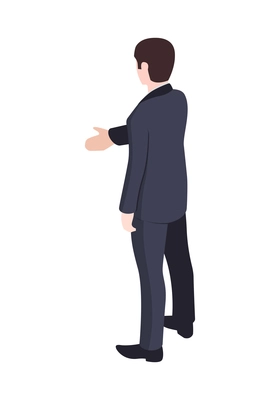 Isometric character of businessman holding out his hand back view 3d vector illustration