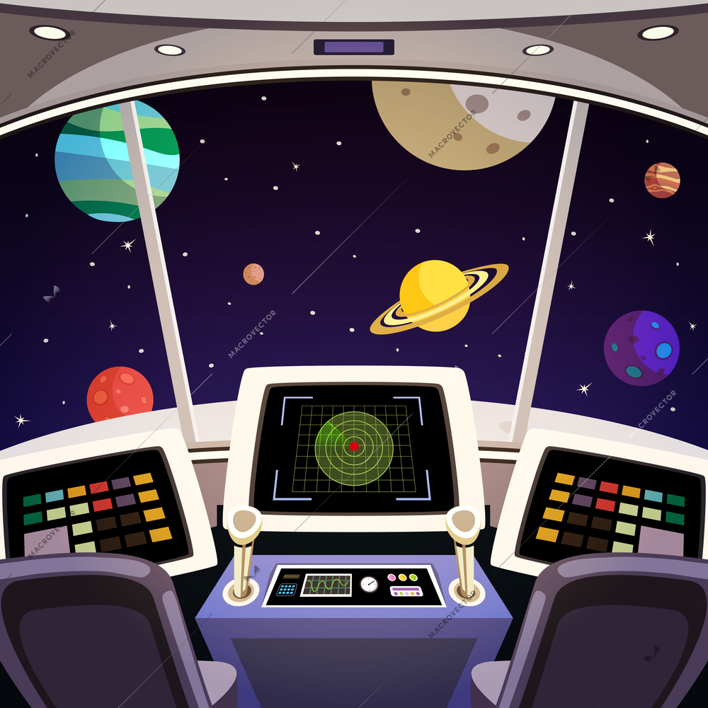 Flying spaceship cabin futuristic interior cartoon with space backdrop vector illustration