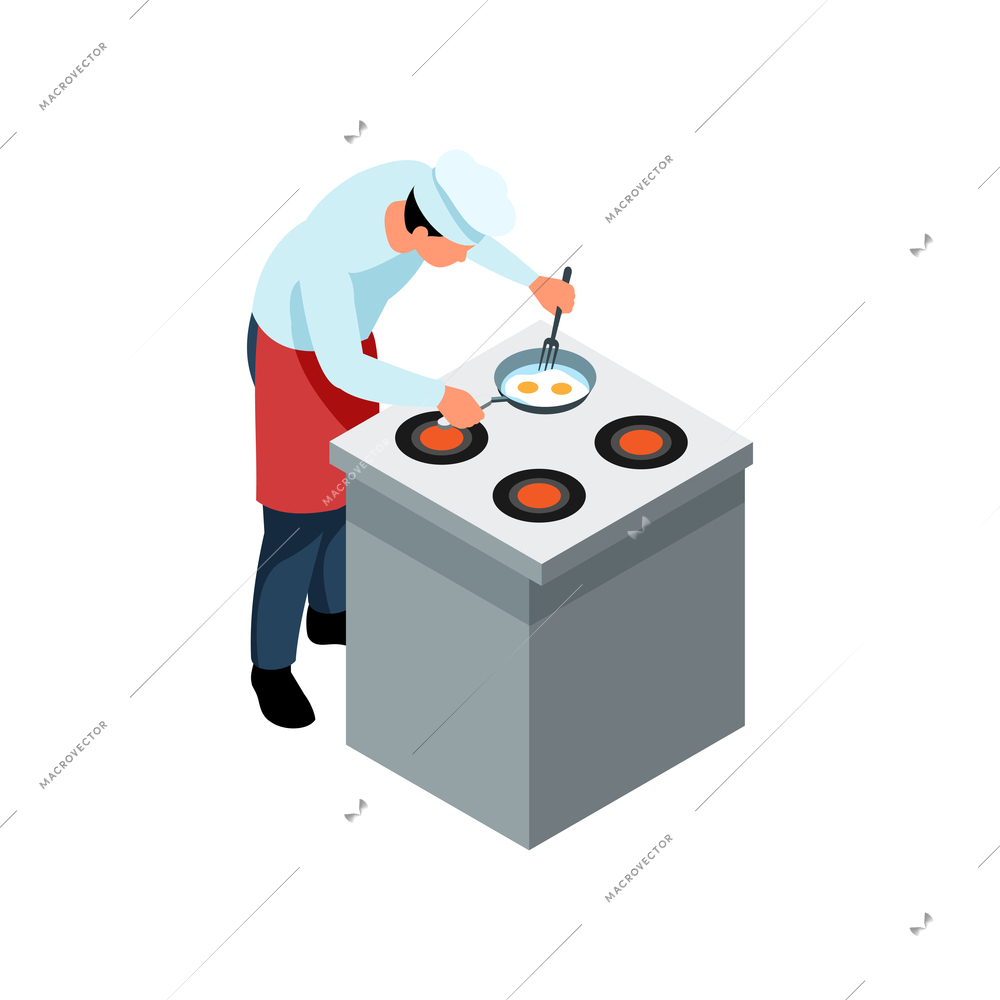 Man wearing uniform cooking eggs on frying pan isometric icon vector illustration