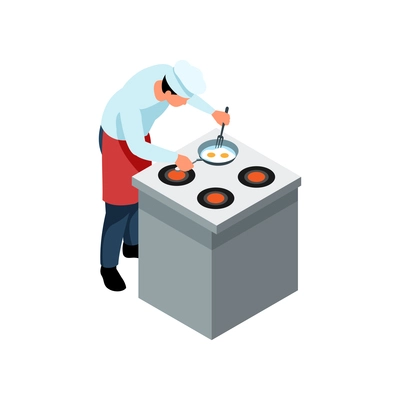 Man wearing uniform cooking eggs on frying pan isometric icon vector illustration