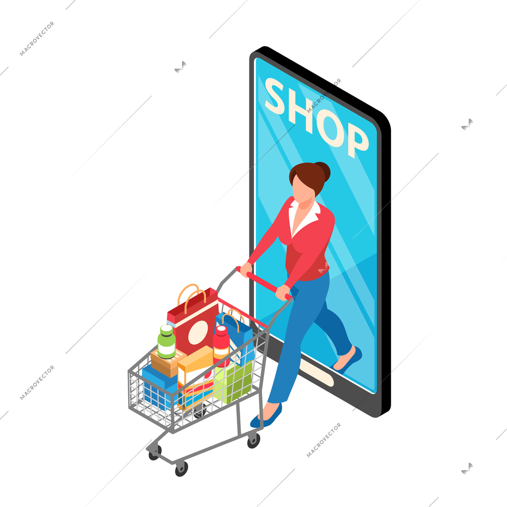 Online shop supermarket isometric icon with character carrying trolley with purchases vector illustration
