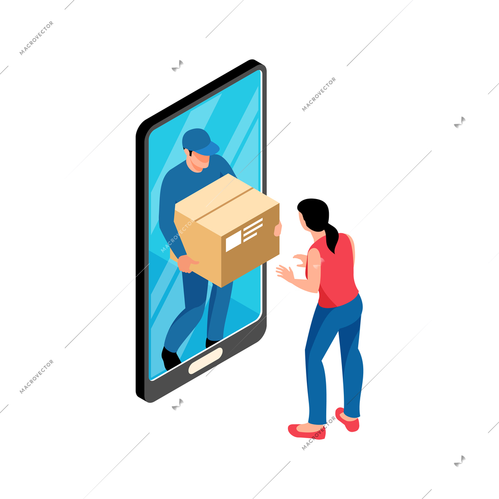 Online shop isometric icon with customer and courier delivering goods 3d vector illustration