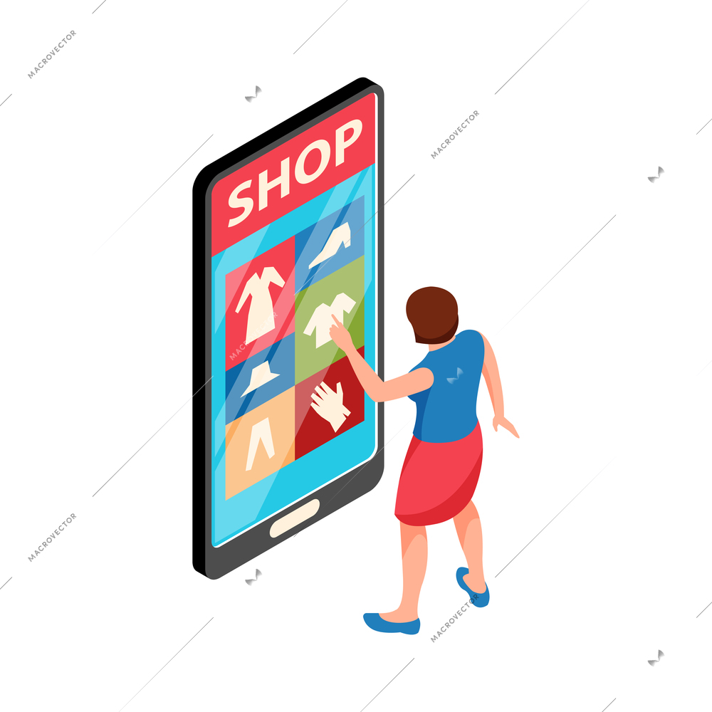 Online shopping icon with woman buying clothes using mobile application isometric vector illustration