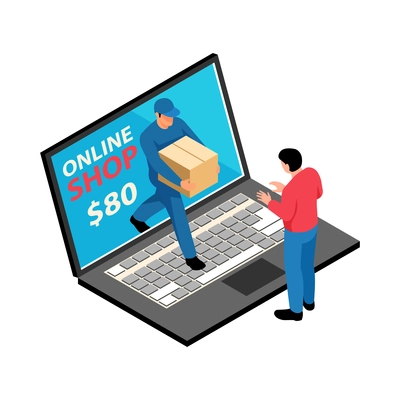 Isometric online shop delivery icon with laptop characters of courier and client vector illustration