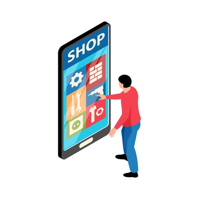 Isometric icon with character doing online shopping on smartphone 3d vector illustration