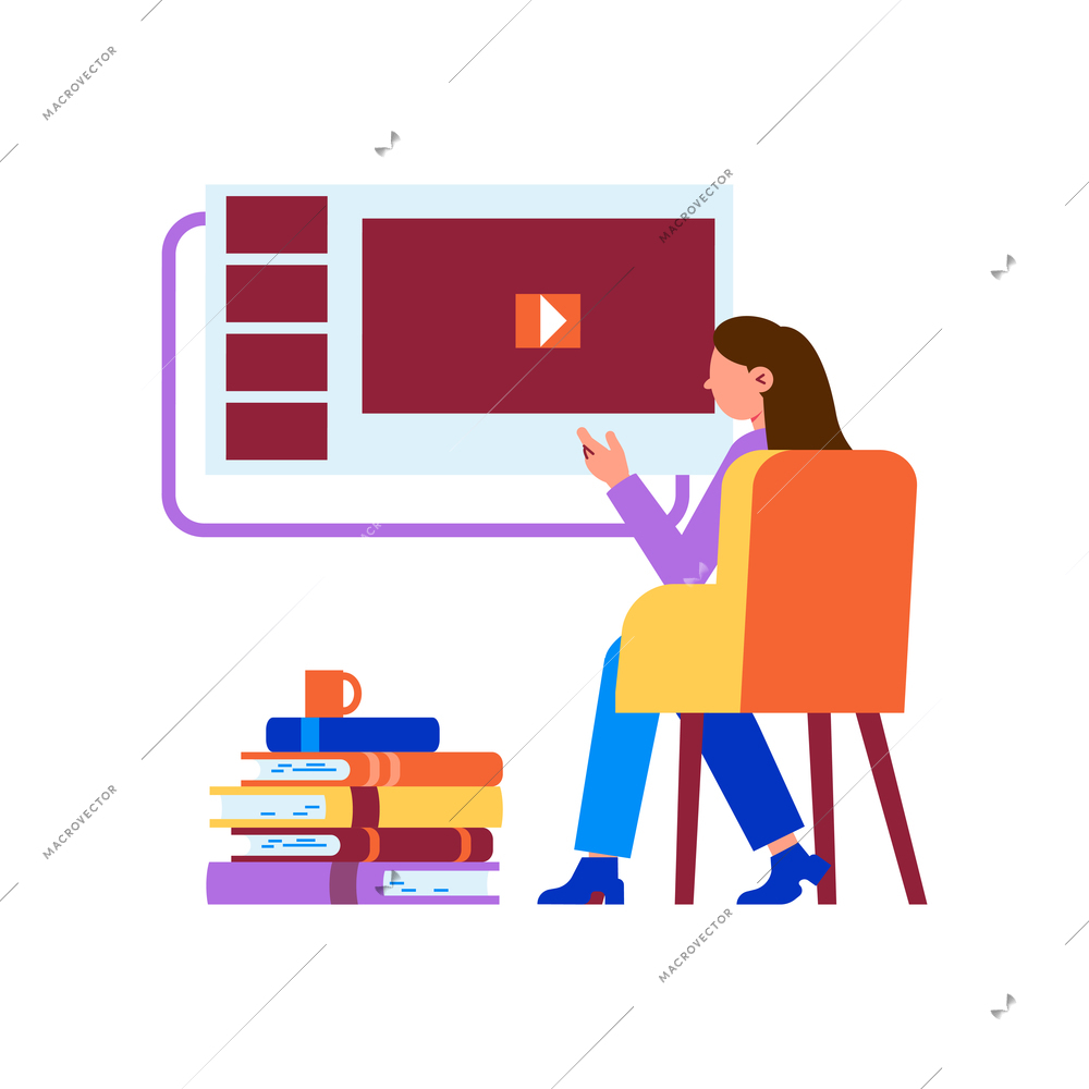 Flat online education icon with woman watching educational videos vector illustration