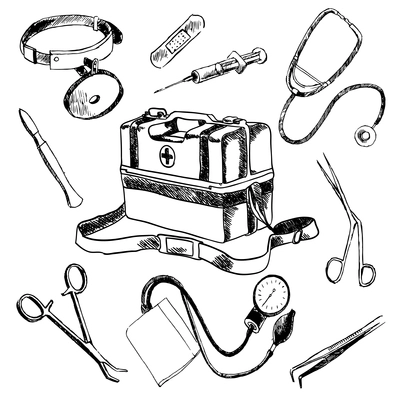 Doctor medical case laboratory accessories sketch icons collection composition with stethoscope syringe plaster doodle isolated vector illustration
