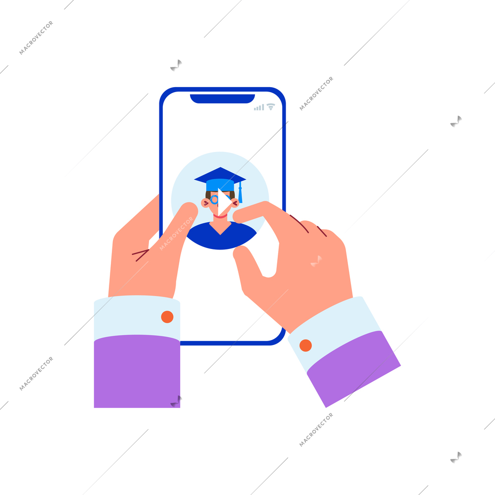 Online education flat concept with human hands pressing play button on video vector illustration