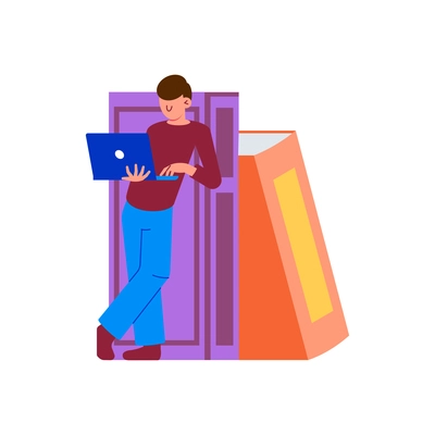 Online education flat icon with character laptop and books vector illustration