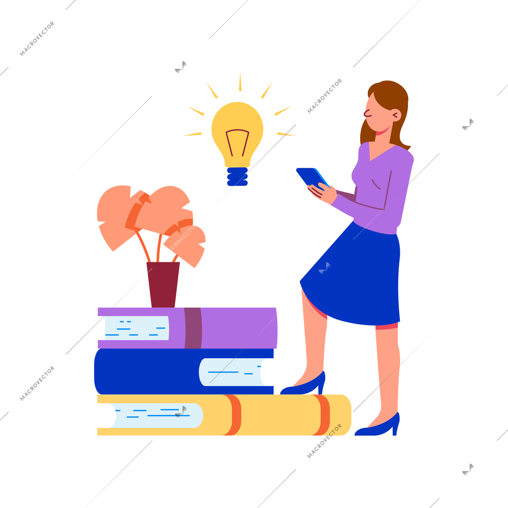 Online education concept icon with woman holding smartphone books and light bulb flat vector illustration