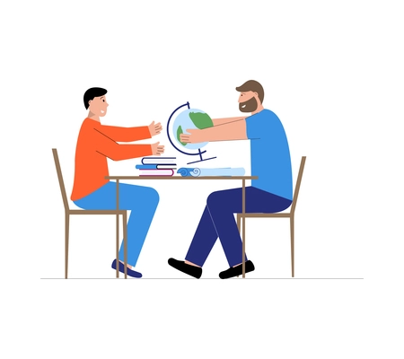 Happy student having geography lesson with his tutor flat vector illustration