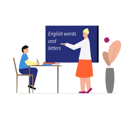 Tutoring flat composition with happy boy having english lesson with teacher in classroom vector illustration