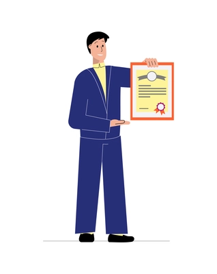 Flat icon with happy male tutor holding diploma vector illustration