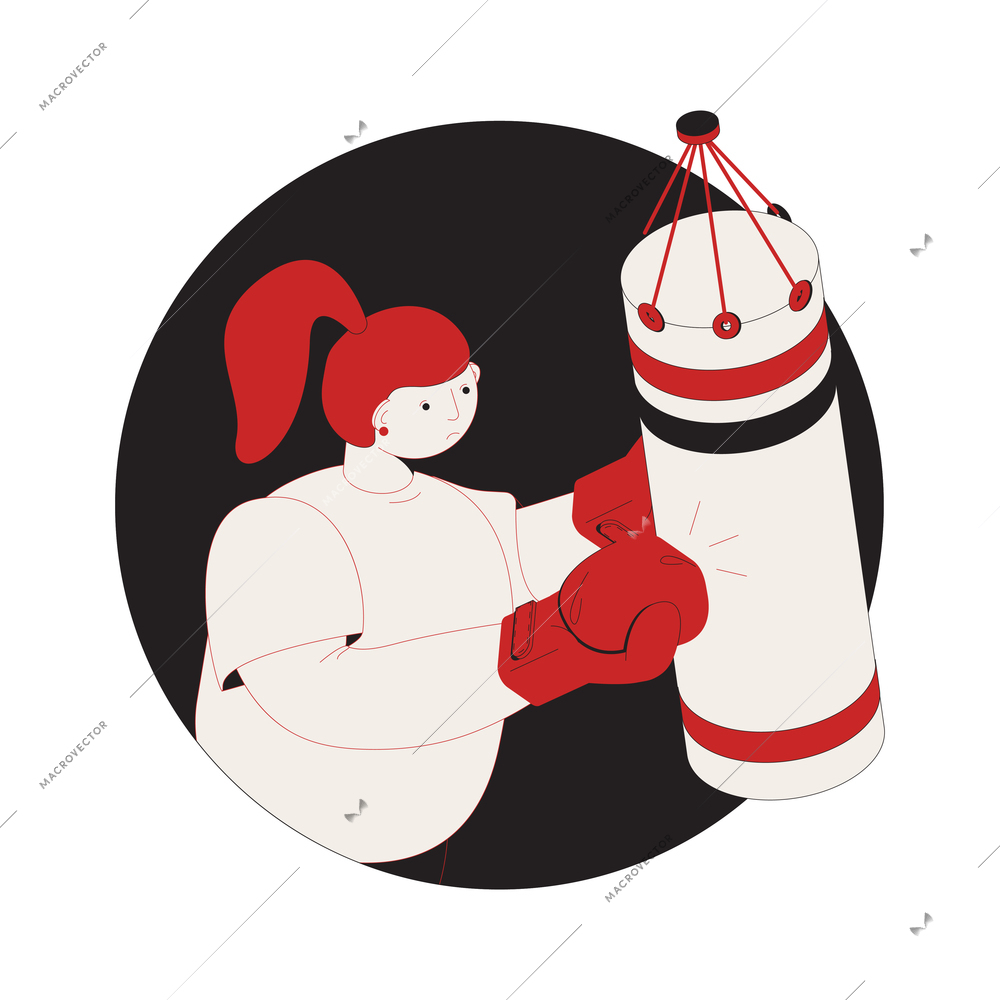 Isometric boxing composition with sad woman hitting punching bag 3d vector illustration