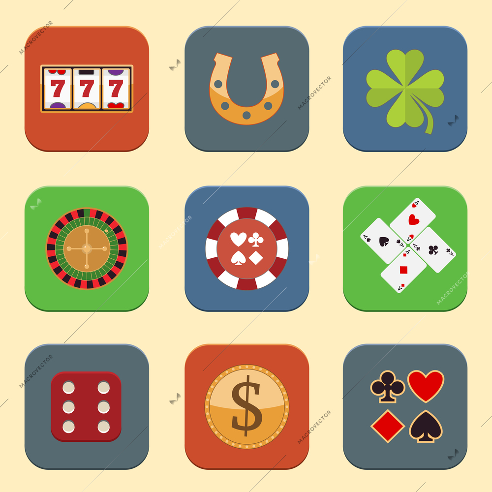 Casino color design elements with gambling poker roulette icons set isolated vector illustration