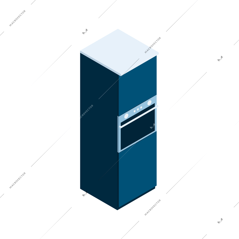 Isometric kitchen cupboard with installed oven 3d vector illustration