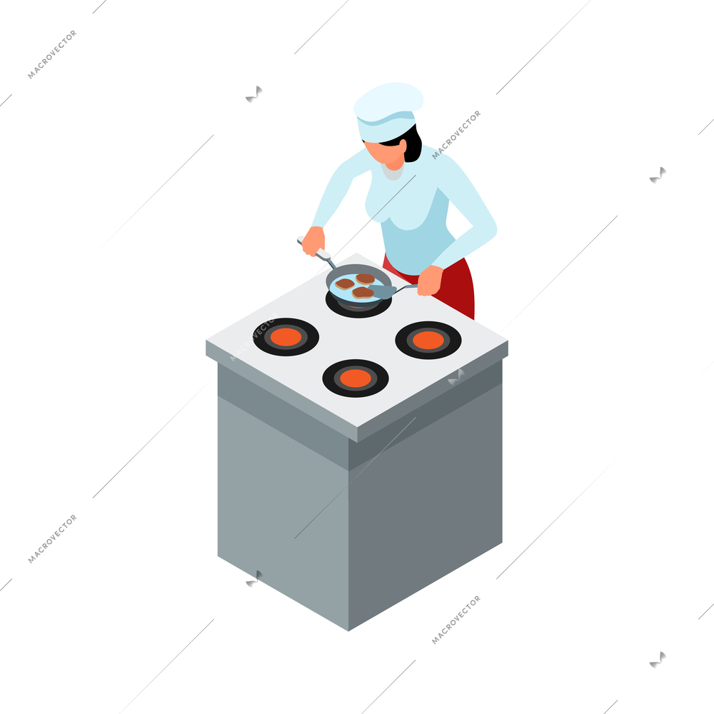 Female character in uniform cooking on cooker isometric vector illustration