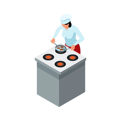 Female character in uniform cooking on cooker isometric vector illustration