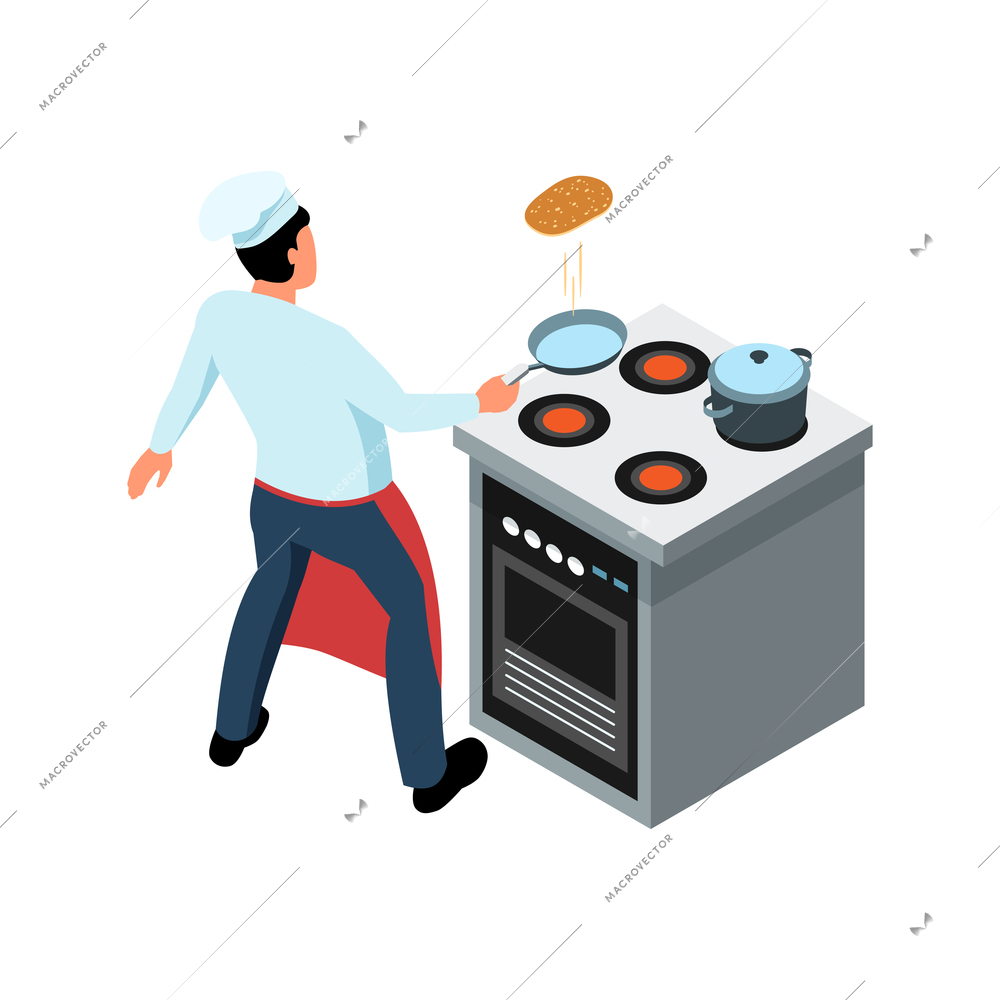 Isometric icon with chef cooking pancakes on frying pan 3d vector illustration
