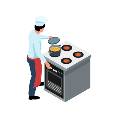 Isometric icon with man in uniform cooking soup vector illustration