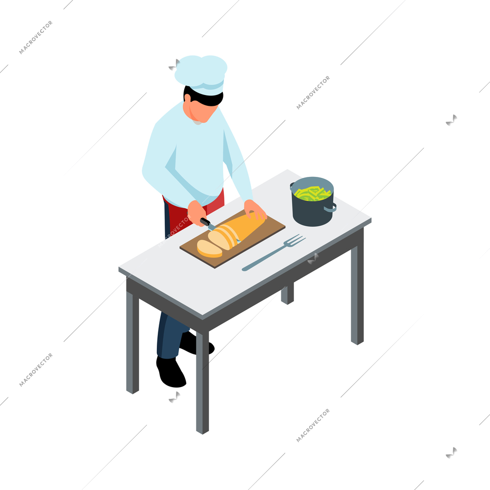 Character of chef cooking with knife on kitchen table isometric icon vector illustration