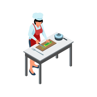 Isometric icon with female cook cutting vegetables on kitchen table vector illustration