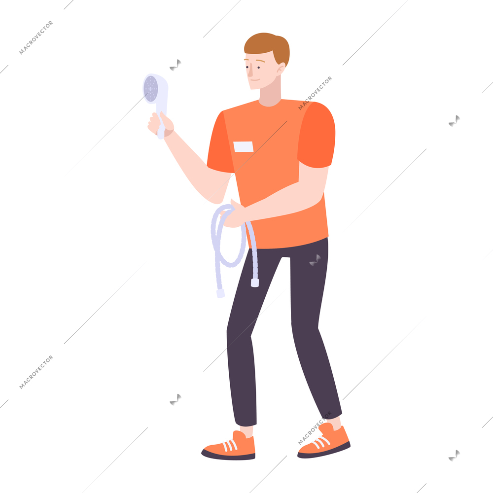 Plumbing shop assistant holding shower flat icon vector illustration