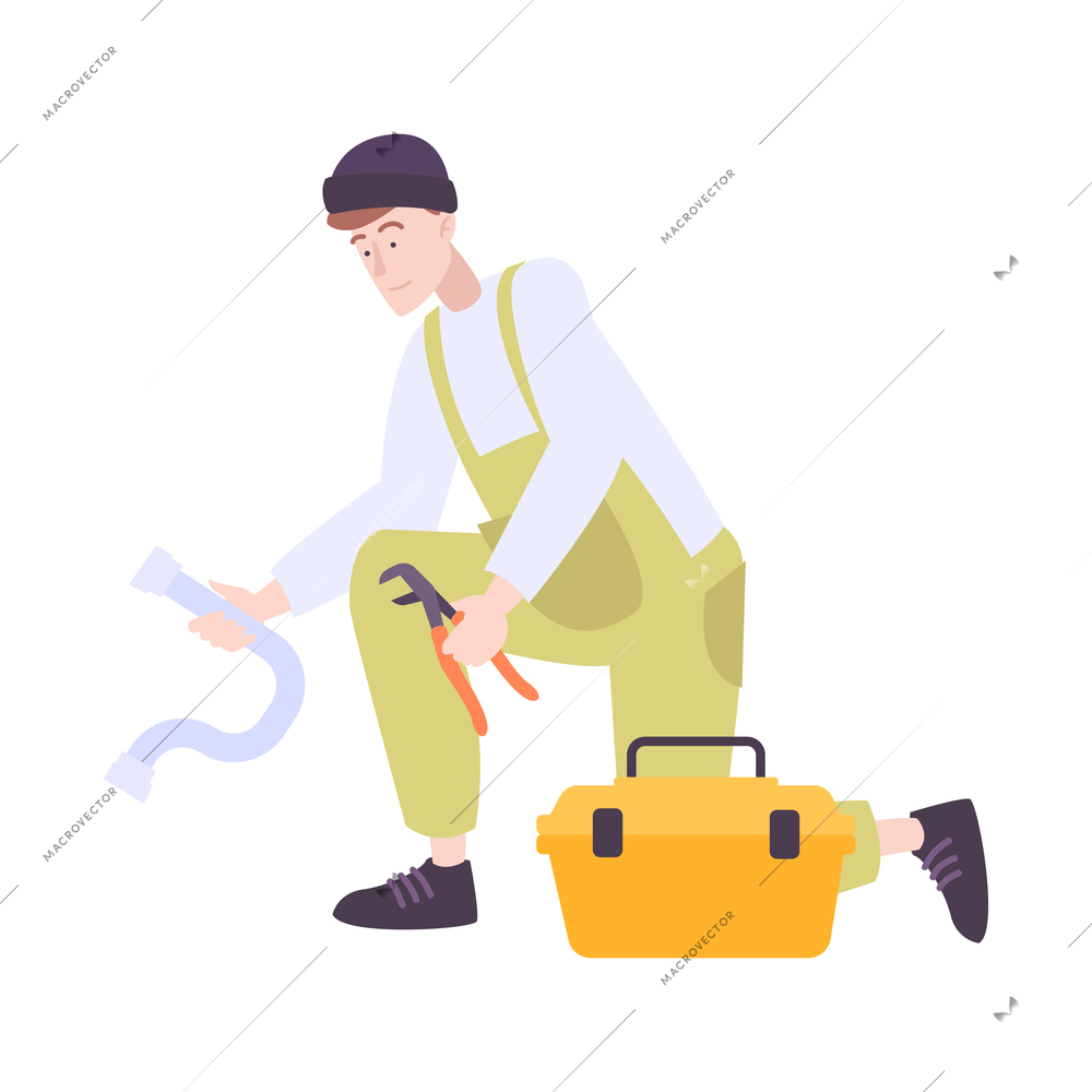 Plumber in uniform with toolbox at work flat vector illustration