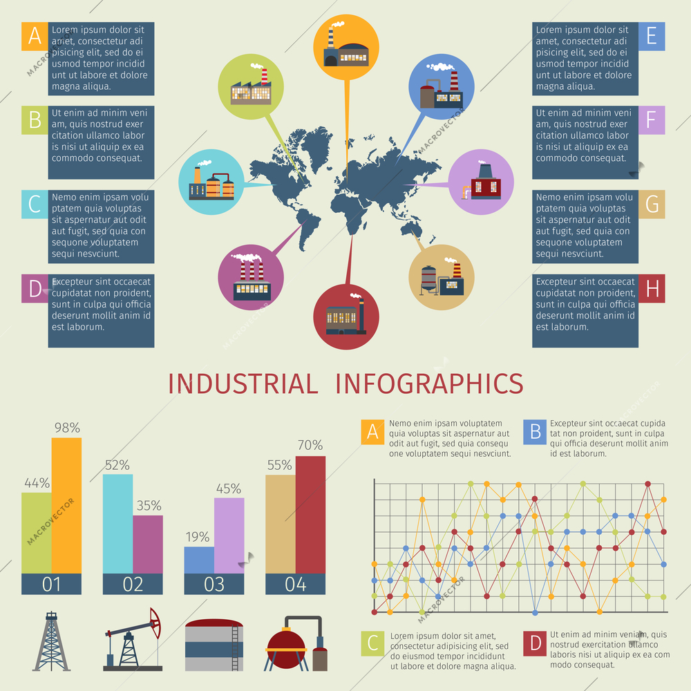 Energy and power industry infographics set with charts and world map vector illustration