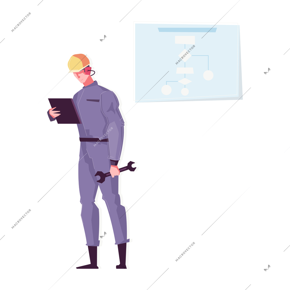 Flat character of engineer in uniform holding wrench vector illustration