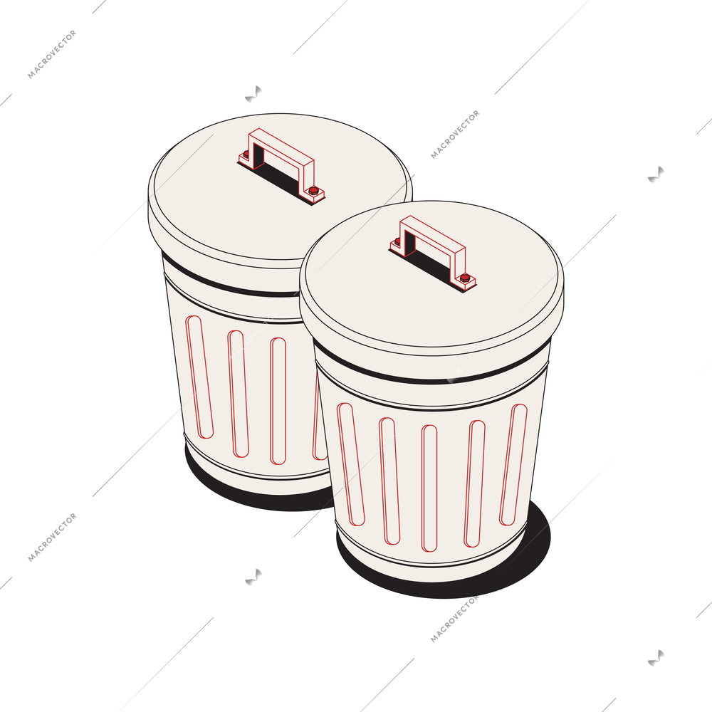 Two metal rubbish containers with lids isometric icon 3d vector illustration