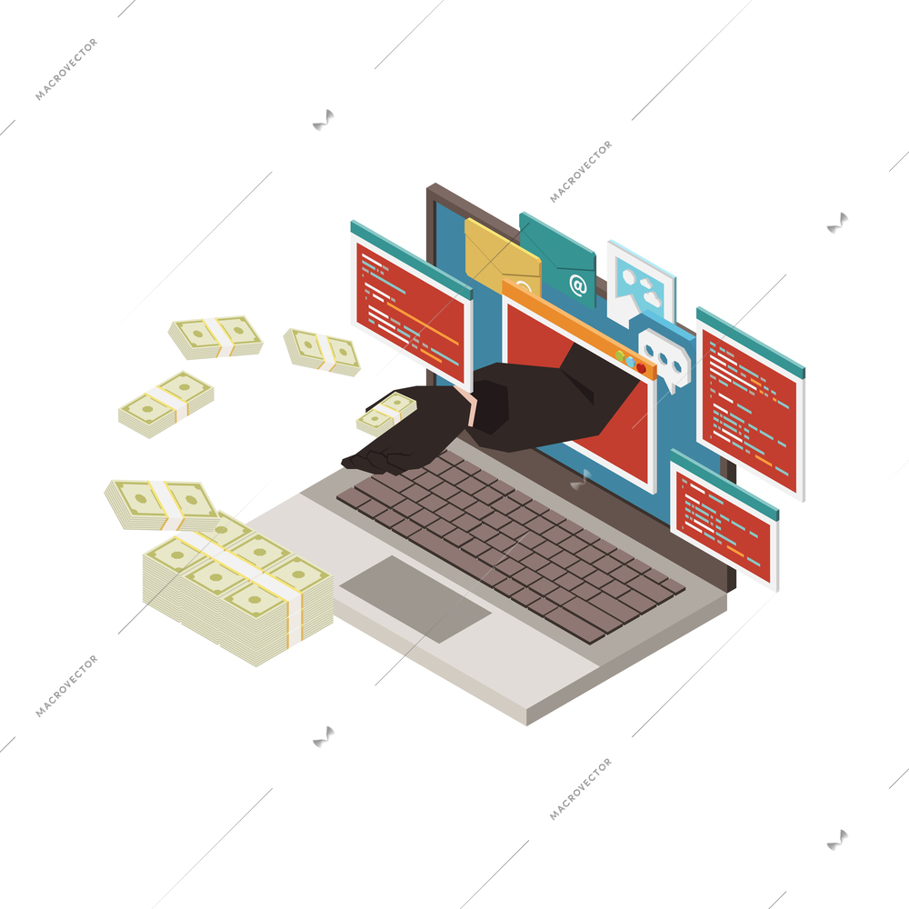 Phishing isometric concept with hacker stealing money credit card personal information vector illustration