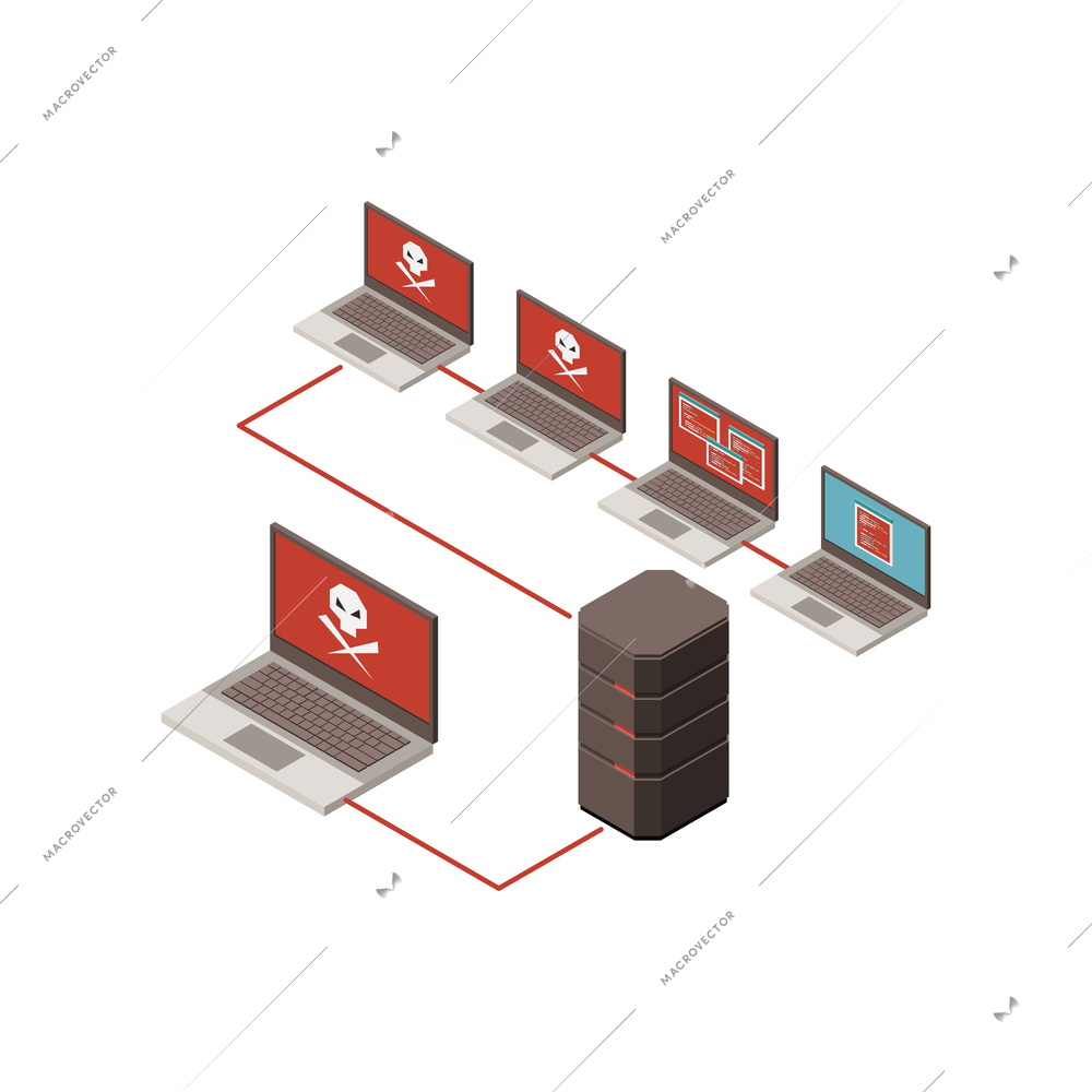 Hacking isometric icon with infected server and laptops 3d vector illustration