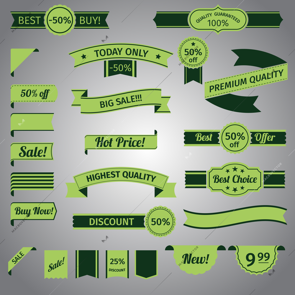 Discount advertising retro green ribbon set isolated vector illustration