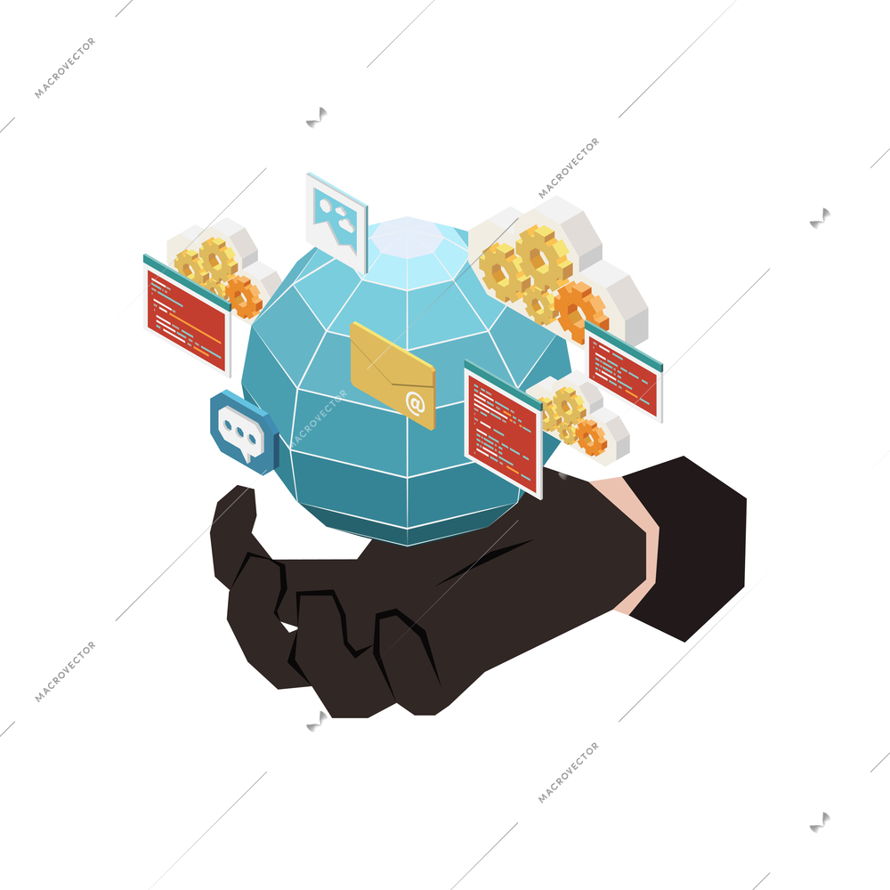 Digital crime concept with hacker hand in black glove and isometric symbols 3d vector illustration