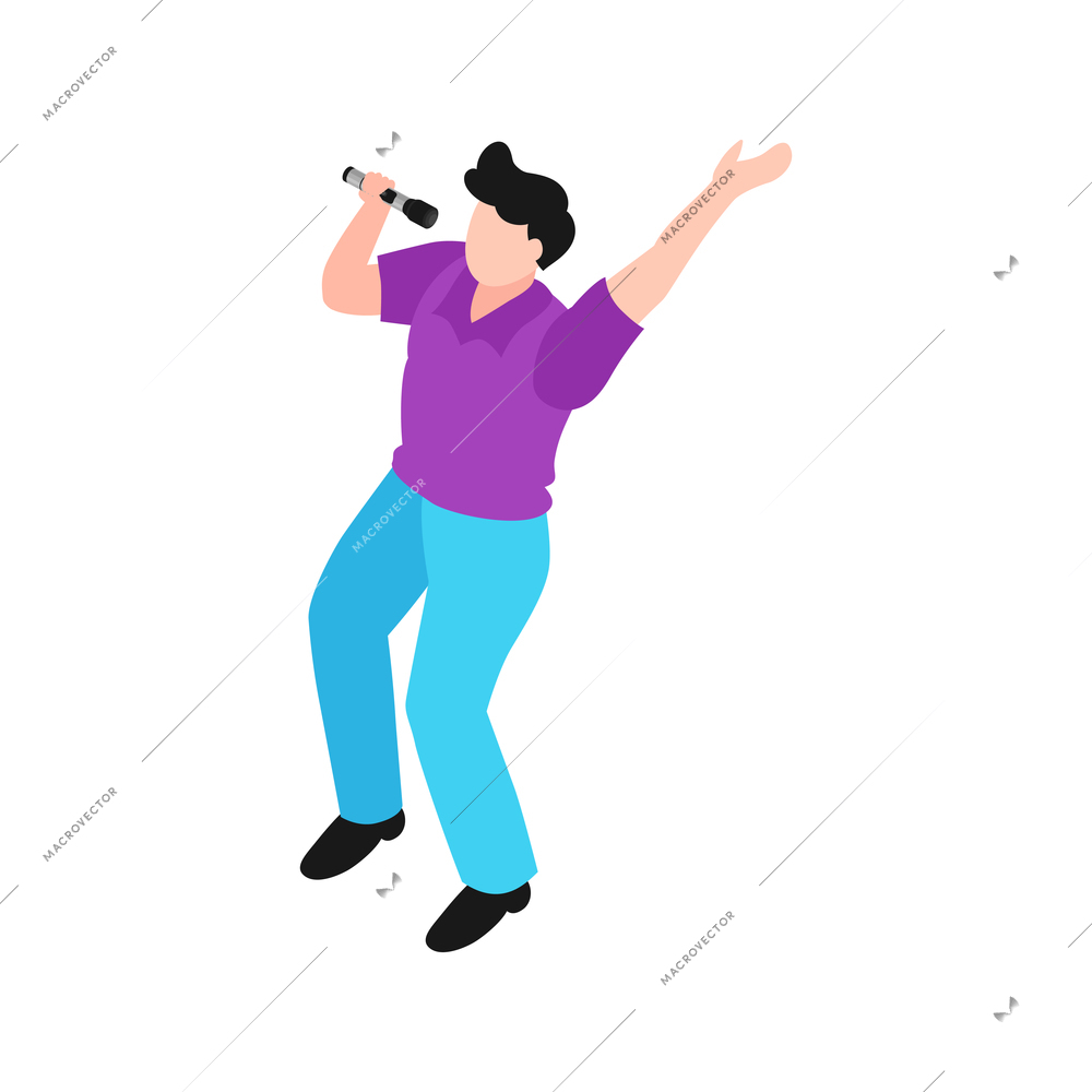 Karaoke isometric icon with male character singing with microphone 3d vector illustration