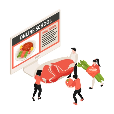 Online cooking school isometric icon with computer and characters carrying food vector illustration