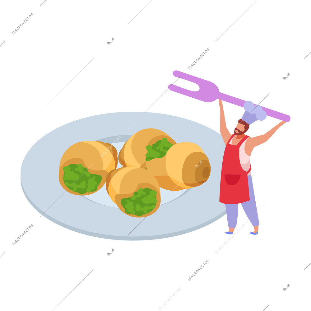 Flat icon with snails dish on plate and character of chef vector illustration