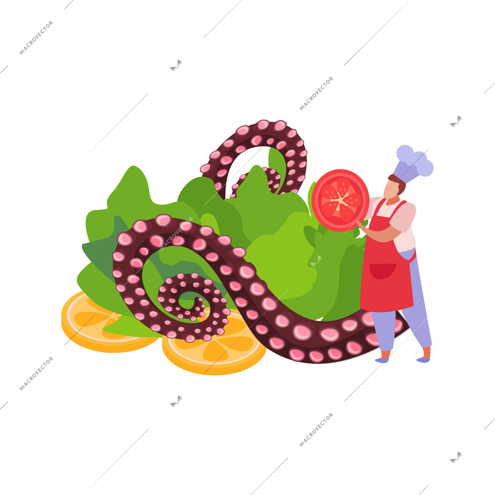 Professional kitchen color icon with chef cooking dish with octopus tentacles and vegetables flat vector illustration