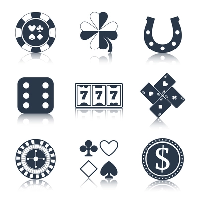 Casino black design elements with clover horseshoe chips icons set isolated vector illustration