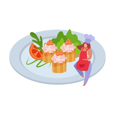 Flat icon with tasty restaurant dish on plate and character vector illustration