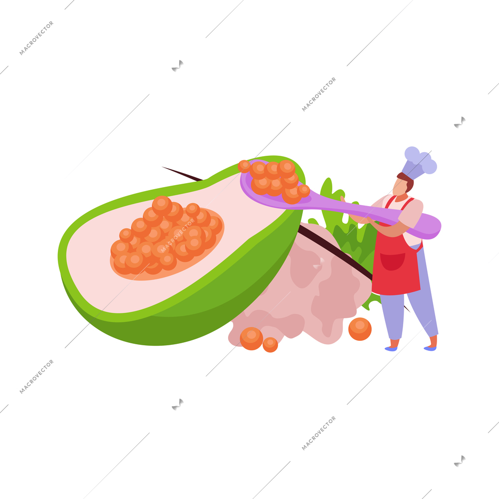 Flat professional kitchen icon with chef cooking avocado dish vector illustration