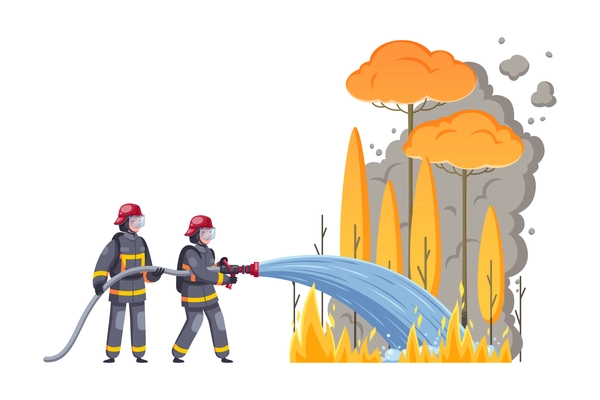 Two firemen putting out forest fire cartoon vector illustration