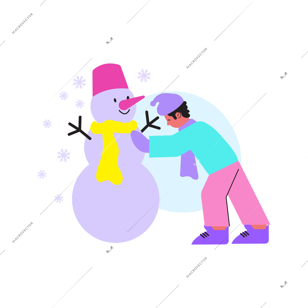 Character making snowman in snowy weather flat vector illustration