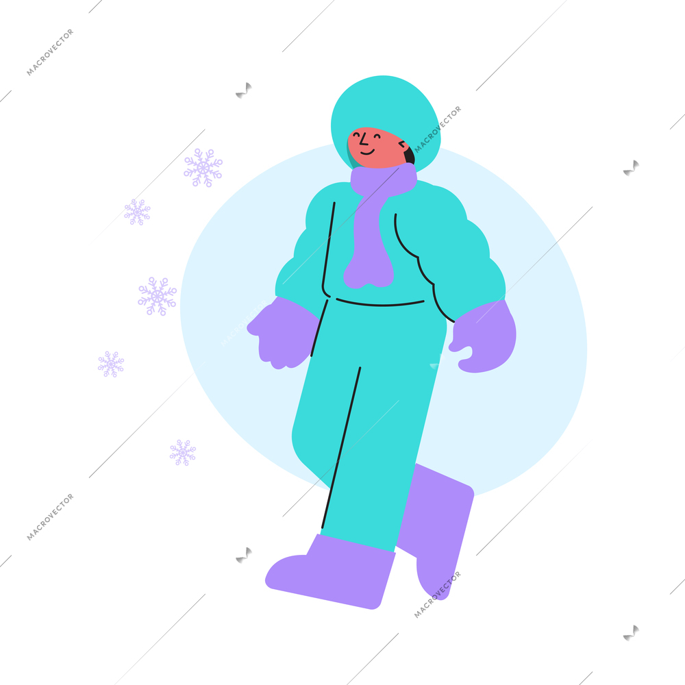 Happy character wearing warm clothes walking in snowy weather flat vector illustration