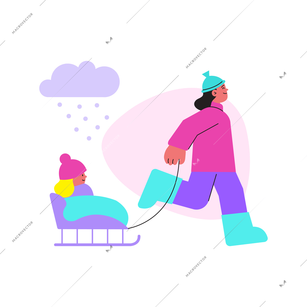 Happy woman and child on sleigh walking in snowy winter weather flat vector illustration